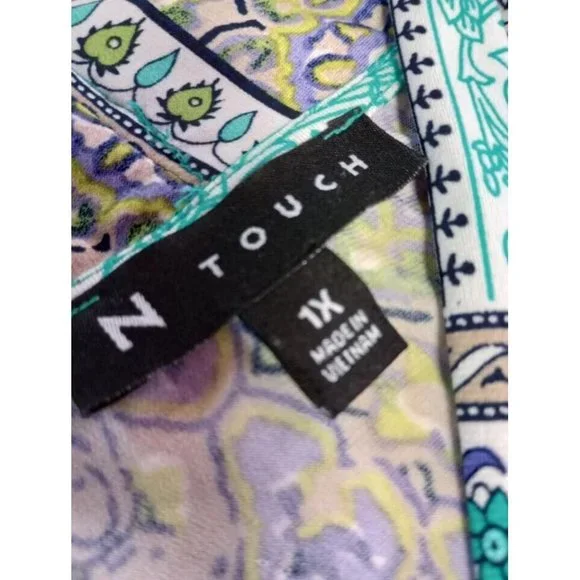 N TOUCH Teal/Purple BOHO Sleeveless V-Neck Blouse 1X - Picture 2 of 2
